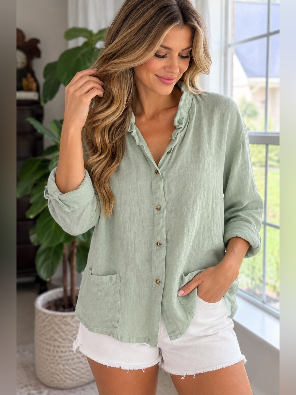 Ruffled Collar Button-Front Women's Top in Light Sage